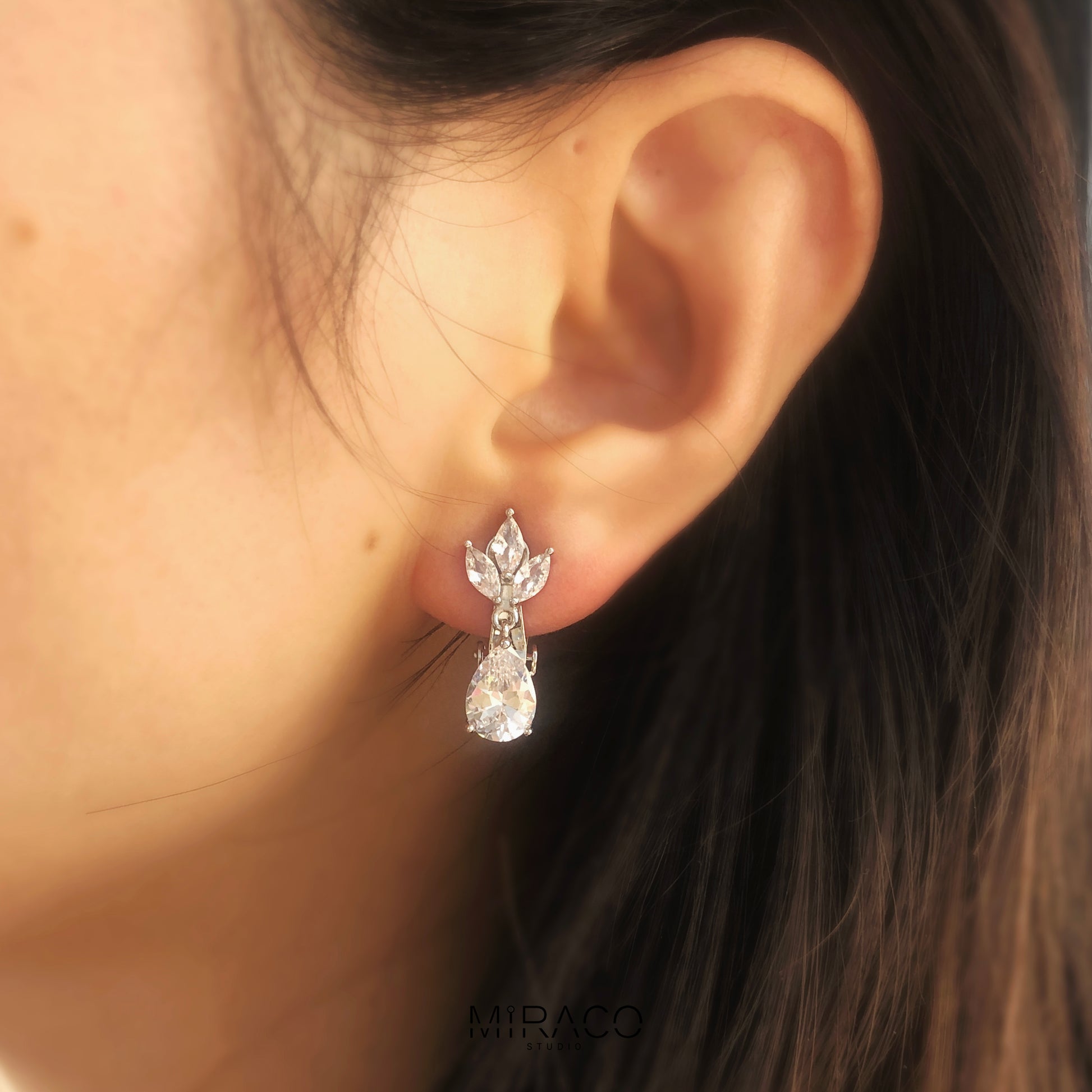 Clip On Diamond Earrings, Crystal Dangle Earrings, Clear Crystal Leaf Dangle and Drop Earrings, Non-Pierced Plant Paddle Back Earrings
