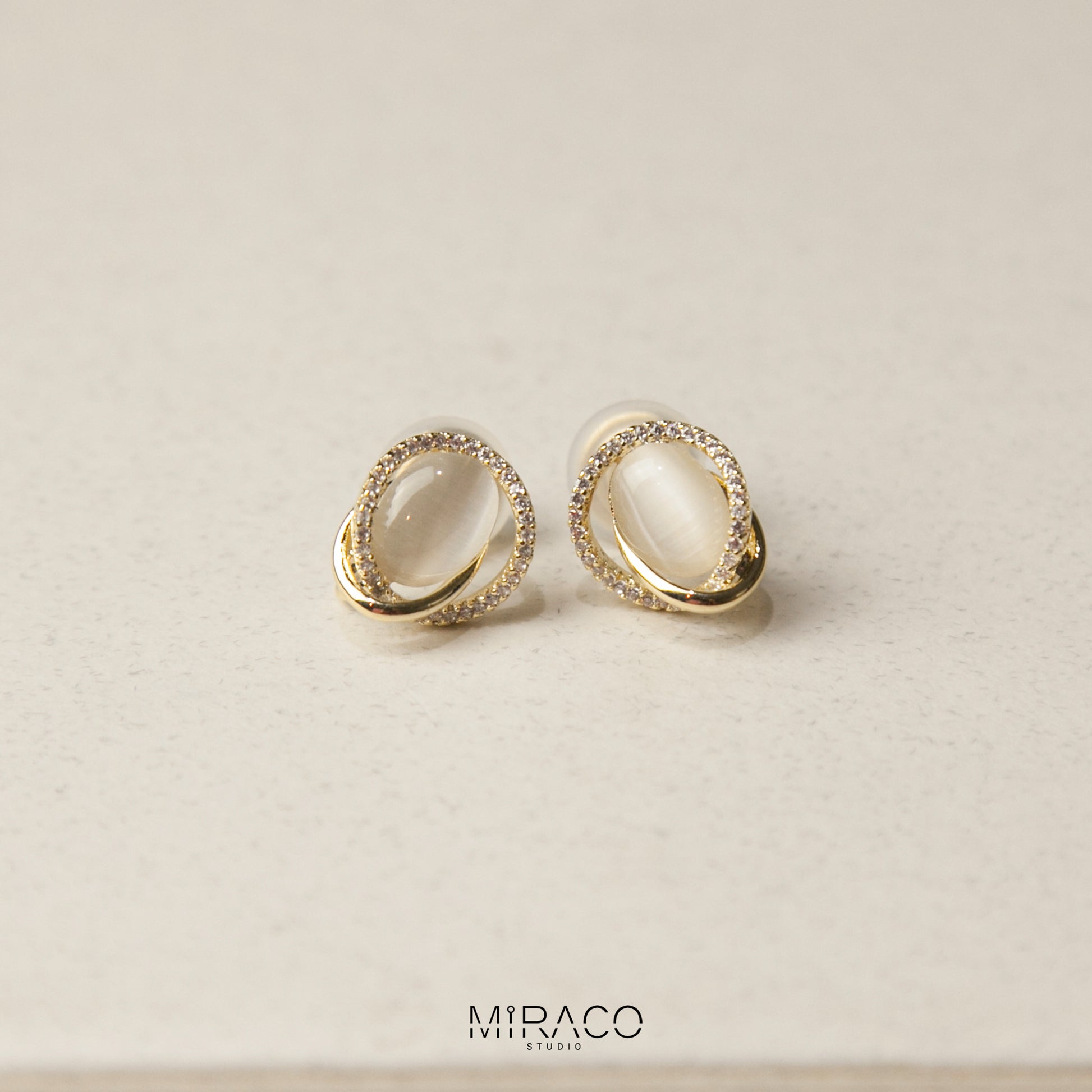 Clip On Earrings for Women, Oval Cats Eye Moonstone Studs, Coil Back Clip On Earrings, Non Pierced Earrings