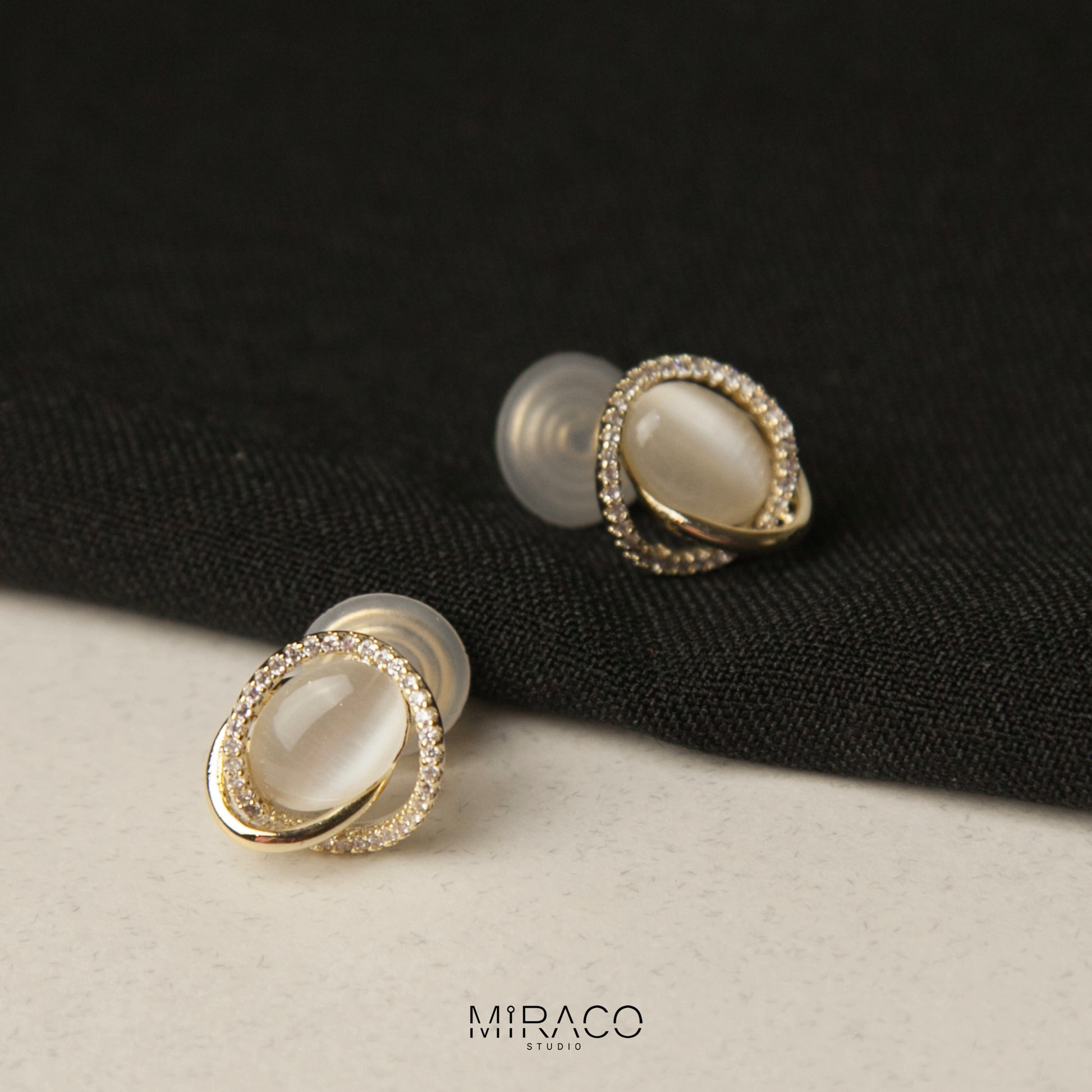 Clip On Earrings for Women, Oval Cats Eye Moonstone Studs, Coil Back Clip On Earrings, Non Pierced Earrings