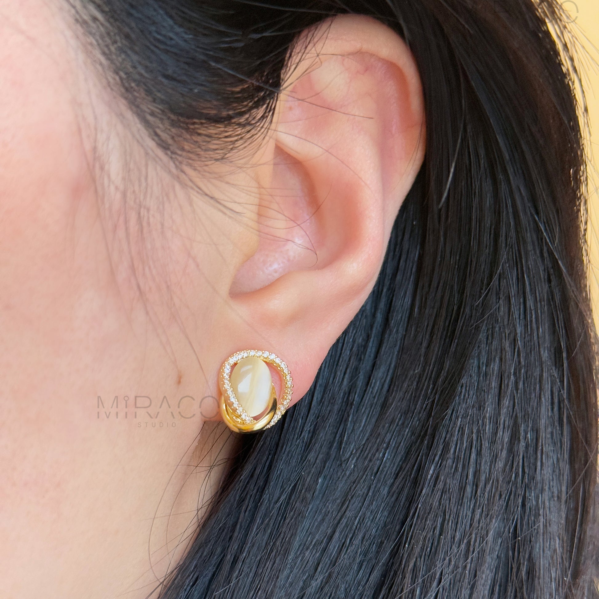Clip On Earrings for Women, Oval Cats Eye Moonstone Studs, Coil Back Clip On Earrings, Non Pierced Earrings