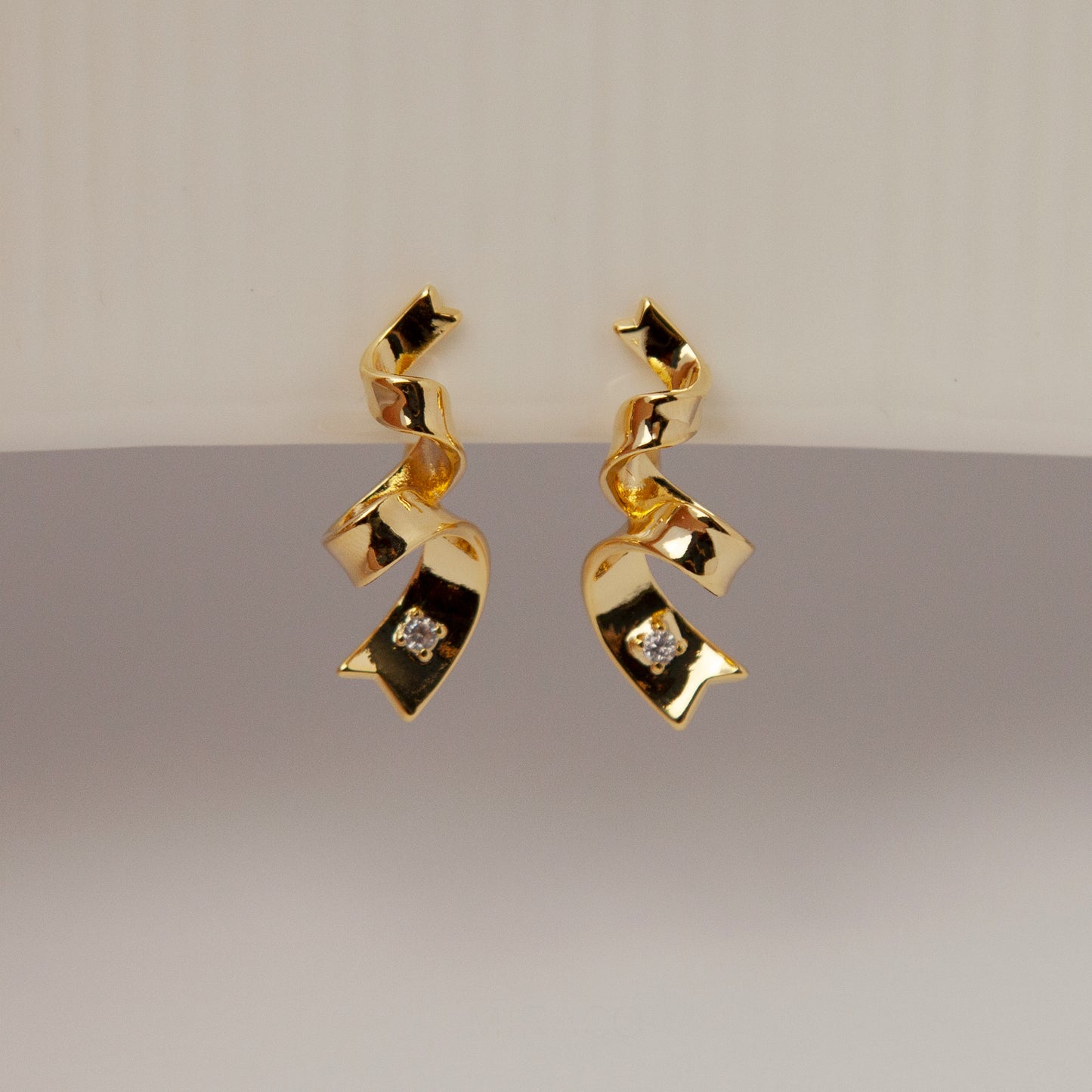 Clip On Gold Twisted Ribbon Stud Earrings, Twist Metal Clip On Studs with Diamond, Minimalist Gold Metal Non Pierced Earring With CZ Crystal