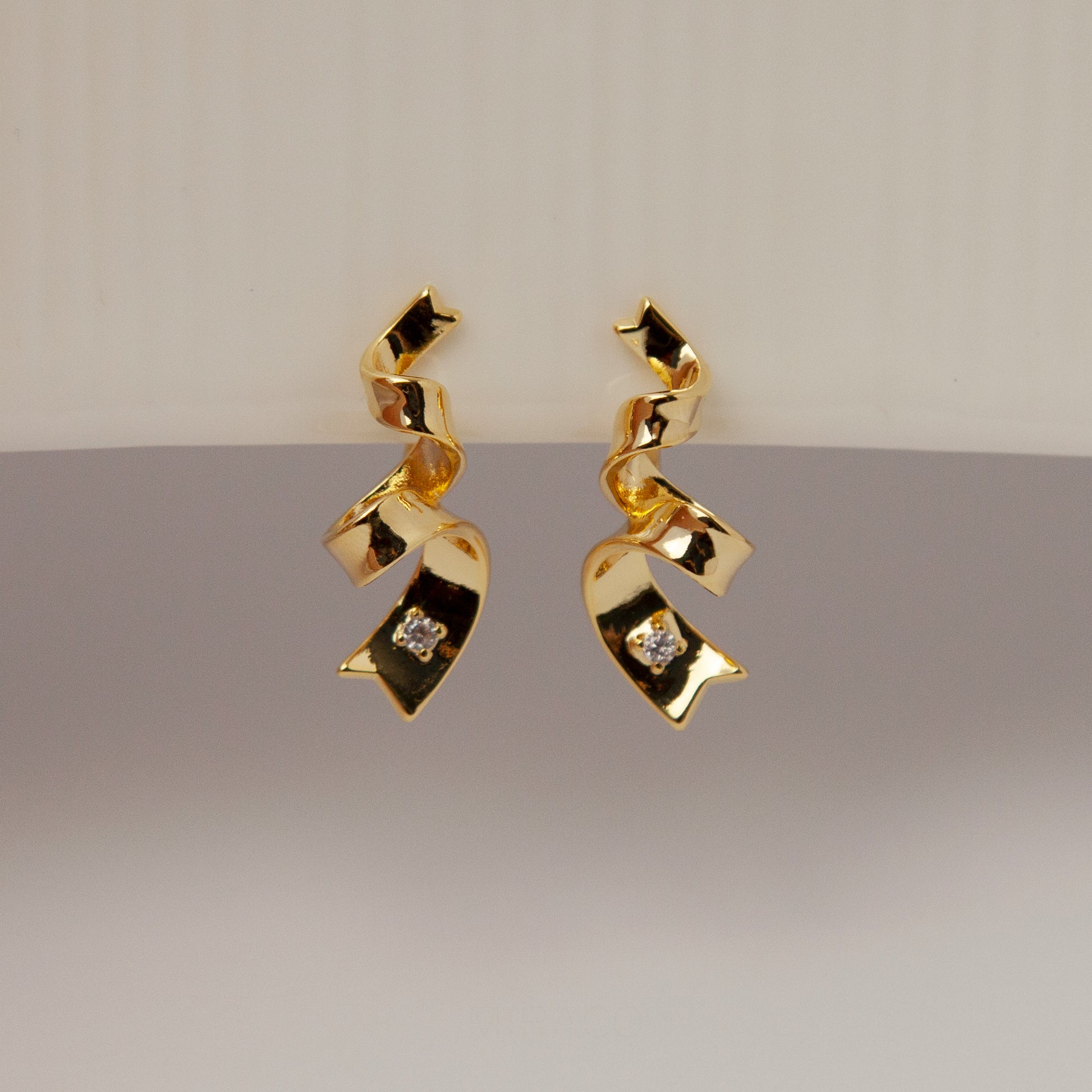 Clip On Gold Twisted Ribbon Stud Earrings, Twist Metal Clip On Studs with Diamond, Minimalist Gold Metal Non Pierced Earring With CZ Crystal