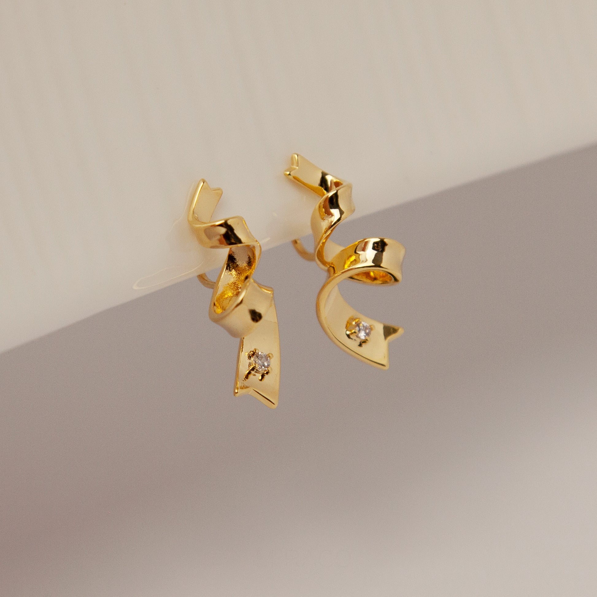 Clip On Gold Twisted Ribbon Stud Earrings, Twist Metal Clip On Studs with Diamond, Minimalist Gold Metal Non Pierced Earring With CZ Crystal
