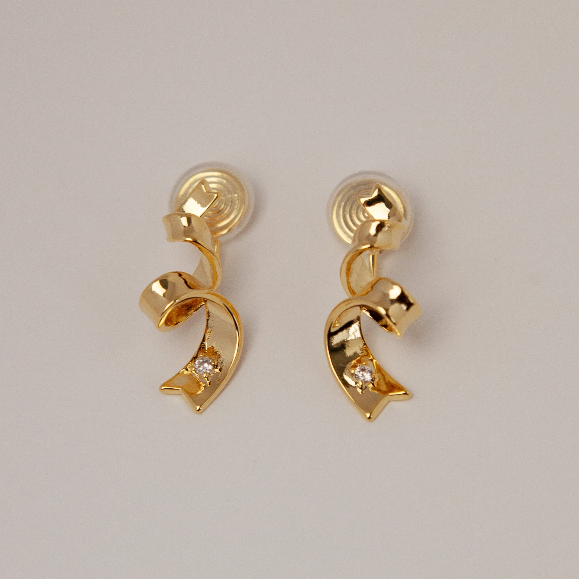 Clip On Gold Twisted Ribbon Stud Earrings, Twist Metal Clip On Studs with Diamond, Minimalist Gold Metal Non Pierced Earring With CZ Crystal