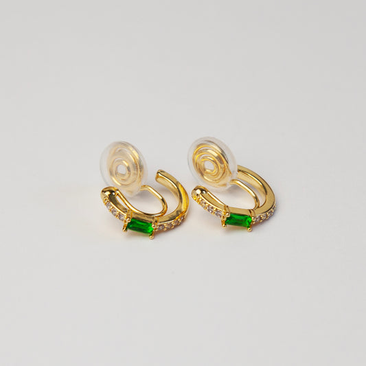 Clip On Huggie Earrings with Small Green Gemstone, Small Gold Hoop Earrings, Clip On Hoop Earrings, Clip On Earrings for Women