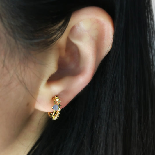 Clip On Huggie Earrings with Small Grey Blue Gemstone, Small Gold Hoop Earrings, Clip On Hoop Earrings, Clip On Earrings for Women