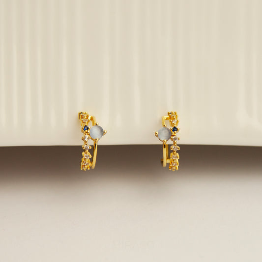 Clip On Huggie Earrings with Small Grey Blue Gemstone, Small Gold Hoop Earrings, Clip On Hoop Earrings, Clip On Earrings for Women