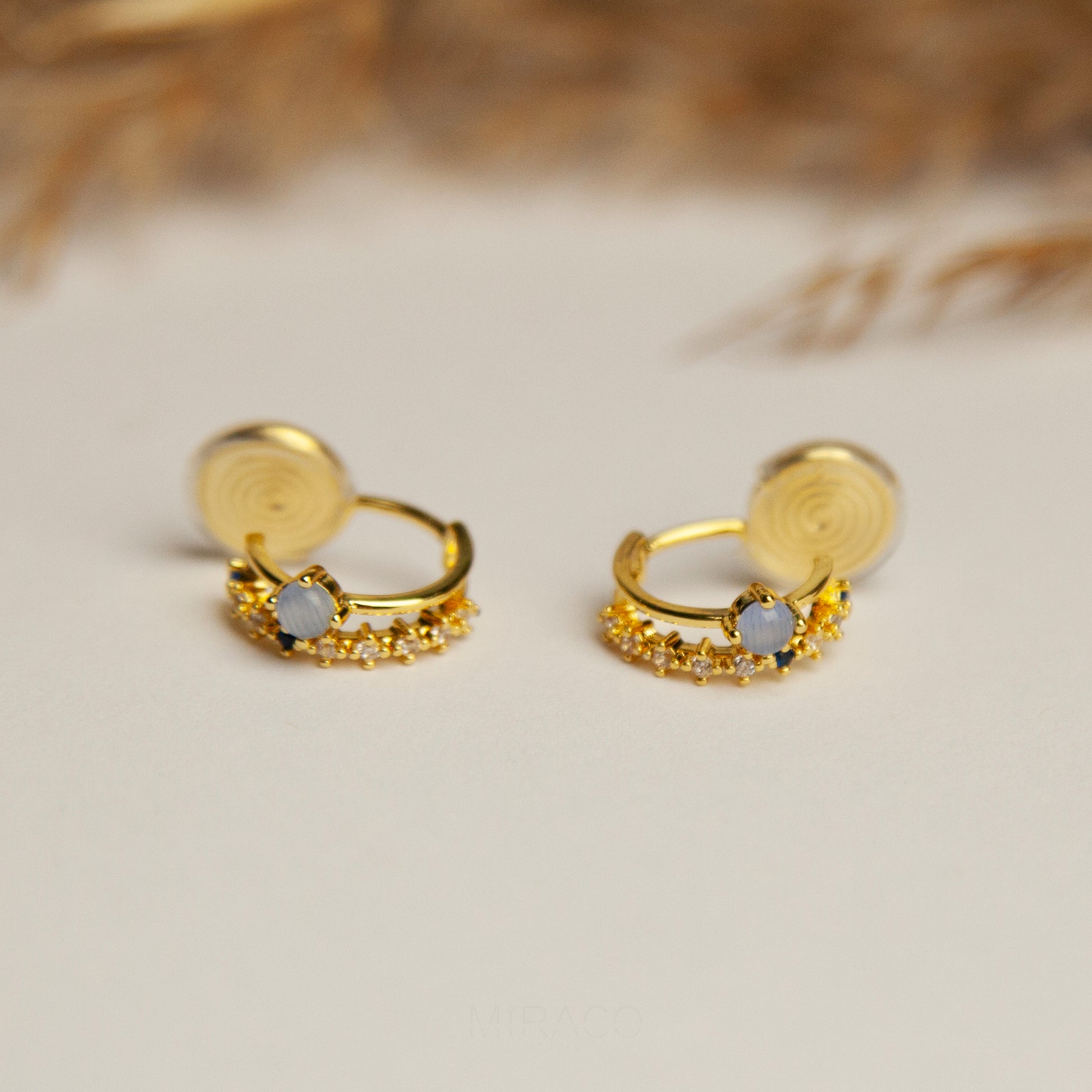 Clip On Huggie Earrings with Small Grey Blue Gemstone, Small Gold Hoop Earrings, Clip On Hoop Earrings, Clip On Earrings for Women