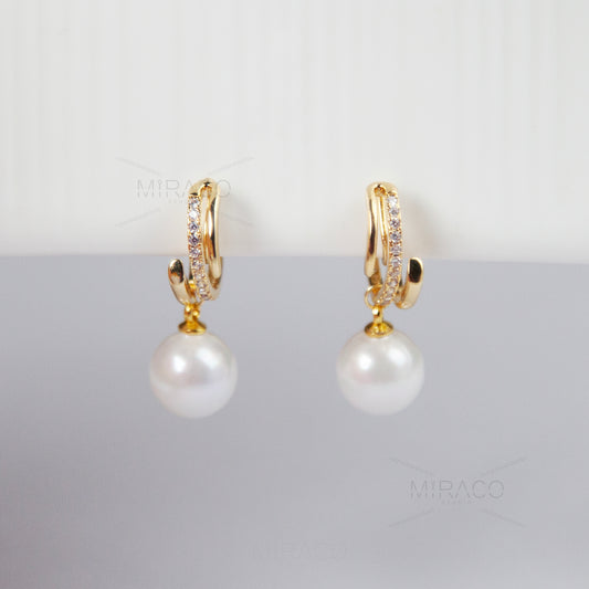 Clip On Minimalist Dangle Hoop Pearls Earrings with Pave Diamonds Hoops Pearl Non Pierced Huggie Hoops