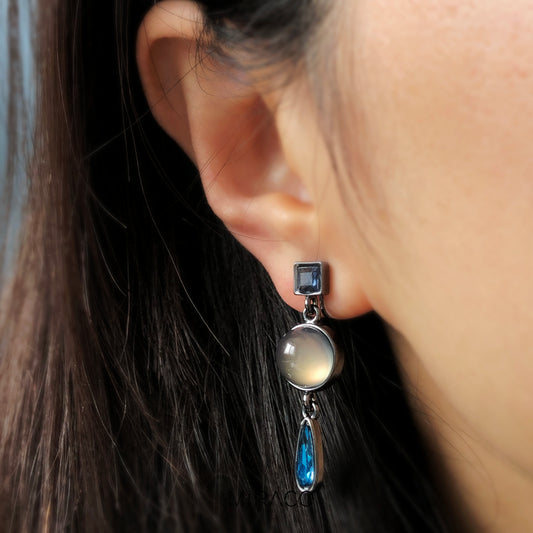 Clip On Navy Blue Diamond Gemstone Earrings, Clip On Dangle Earrings, Dark Crystal Dangle and Drop Earring