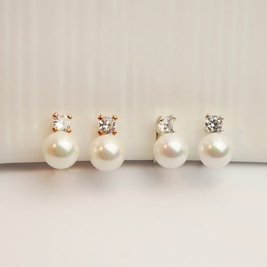 Clip On Pearl Earrings, Minimal Pearl CZ Stud Earrings, Spiral Coil Back Clip On Stud, Non Pierced Earrings, Elegant Pearl Ear Clip Studs