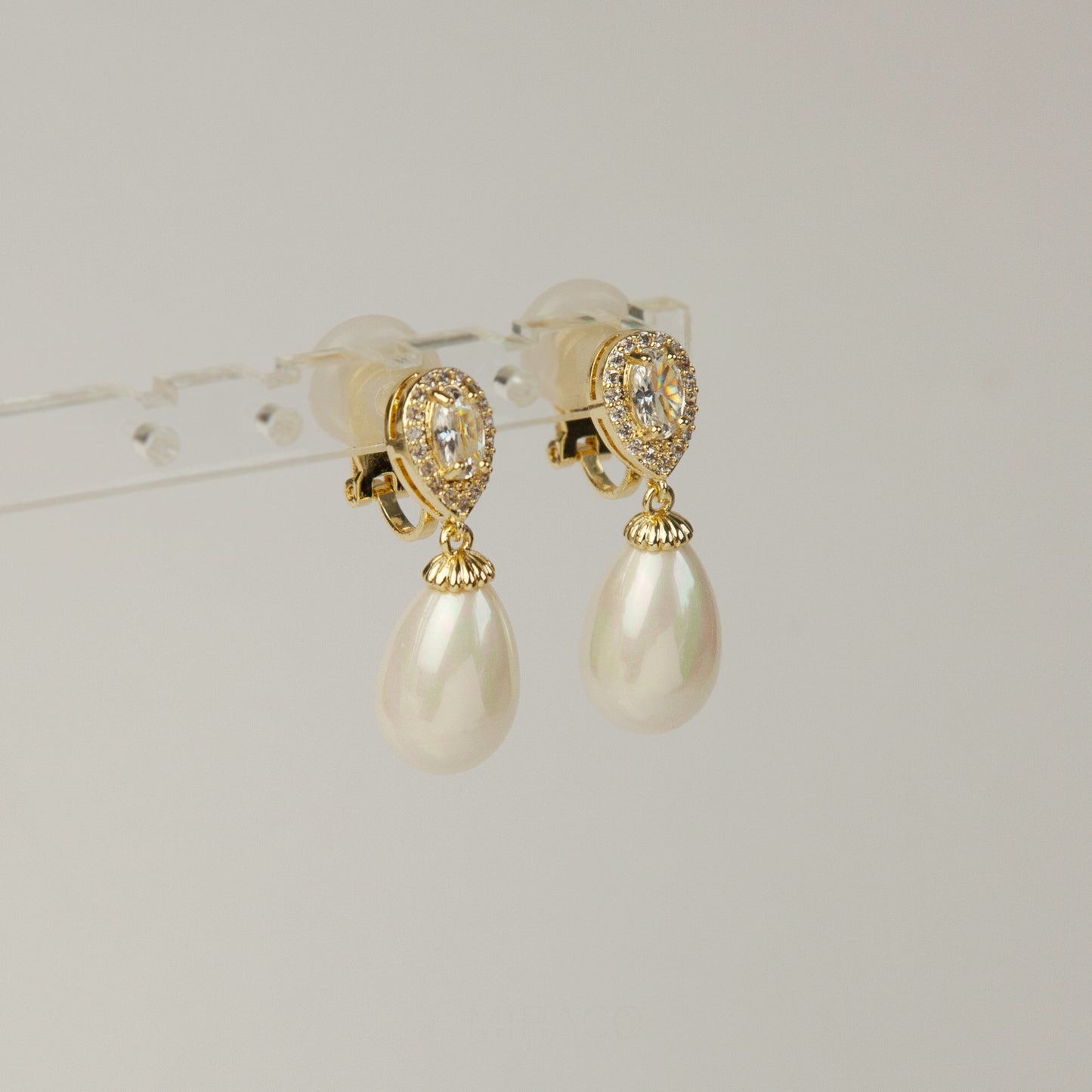 Clip On Pearls Diamond Earrings,Paddle Back Mini-Clip Dangle Earrings, Clear Crystal Pearl Dangle and Drop Earrings, Non-Pierced Bridal Wedding Earrings