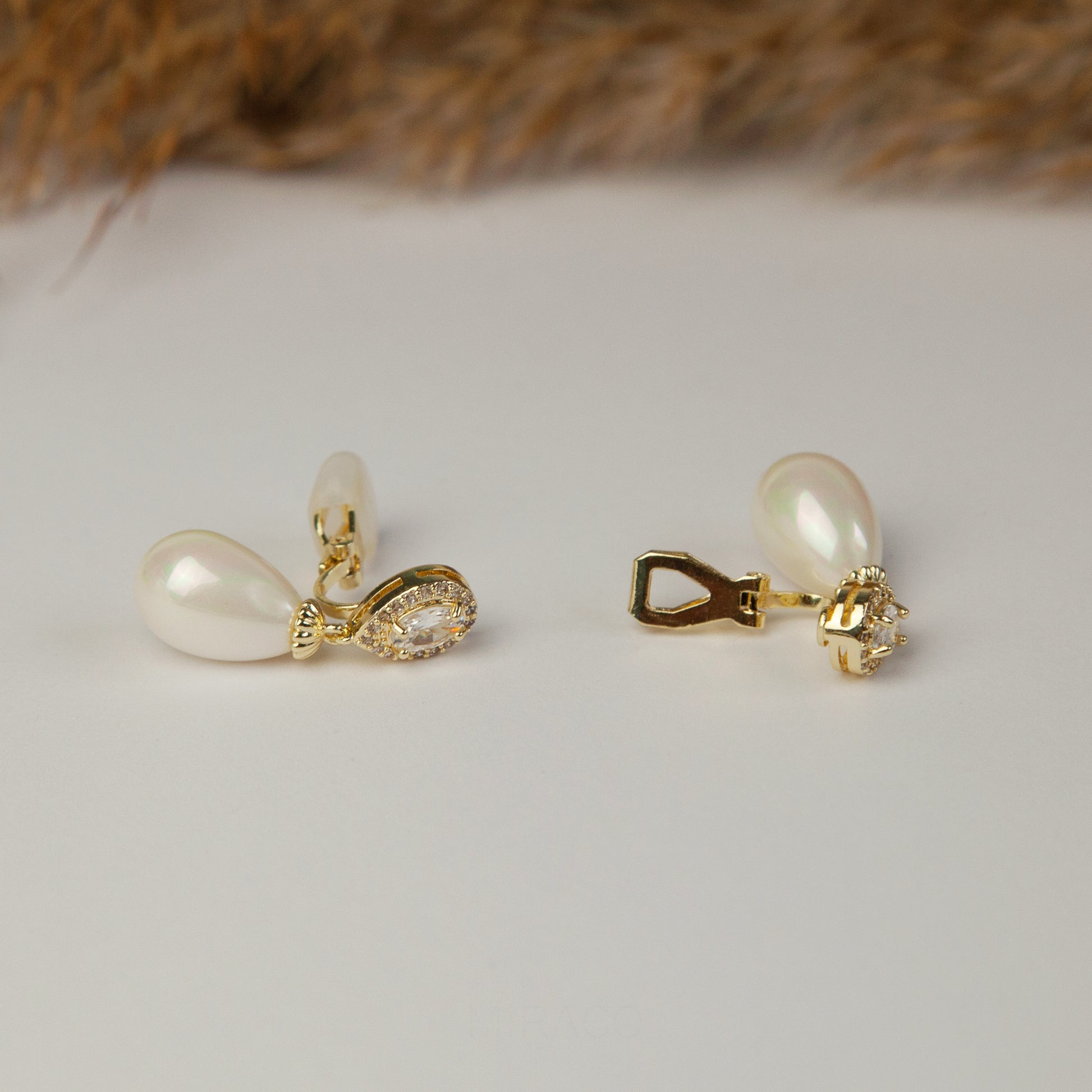 Clip On Pearls Diamond Earrings,Paddle Back Mini-Clip Dangle Earrings, Clear Crystal Pearl Dangle and Drop Earrings, Non-Pierced Bridal Wedding Earrings