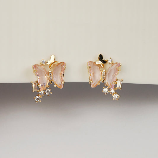 Clip On Pink Butterfly Earrings, Crystal Butterfly Stud Earrings, Fairy Insect Diamond Clip On Stud, Gold and Pink Non Pierced Earrings