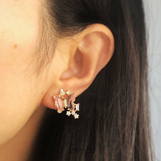 Clip On Pink Butterfly Earrings, Crystal Butterfly Stud Earrings, Fairy Insect Diamond Clip On Stud, Gold and Pink Non Pierced Earrings