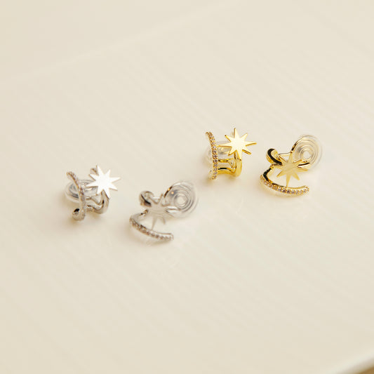 Clip On Star Earrings, Double Hoop Clip On Earrings, Cuff Stud Earrings in Silver or Gold, Minimalist Huggie Earrings, No Piercing Earrings, Star Hoops