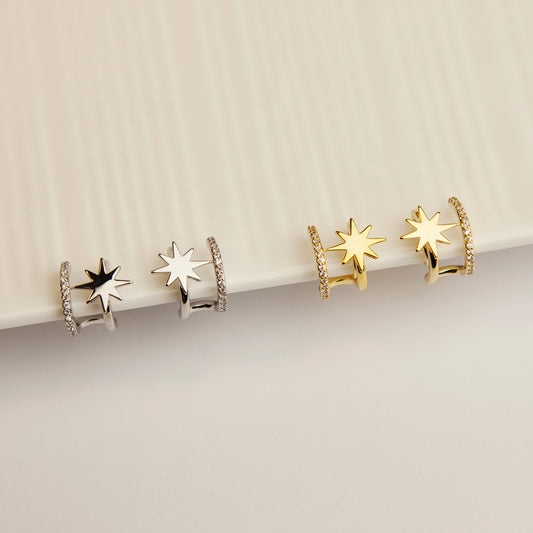 Clip On Star Earrings, Double Hoop Clip On Earrings, Cuff Stud Earrings in Silver or Gold, Minimalist Huggie Earrings, No Piercing Earrings, Star Hoops