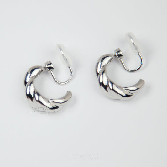 Coil Back Clip On Silver Hoops, Silver Colour Hoop Earrings,Non Pierced Medium Metal Huggies