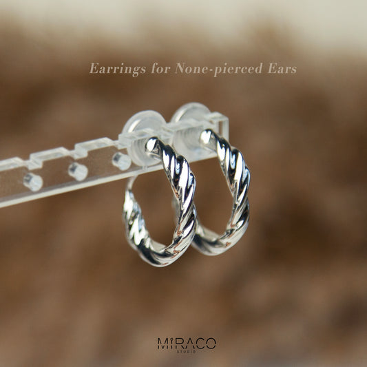 Coil Back Clip On Silver Hoops, Chunky Silver Colour Hoop Earrings, Medium Huggies, Non Pierced Earrings