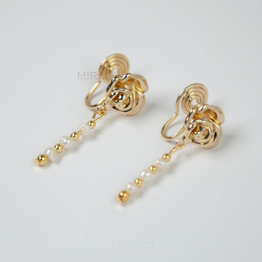 Coil Back Dangle Pearls Non Pierced Earrings, Freshwater Mini Pearls Gold Flower Earrings