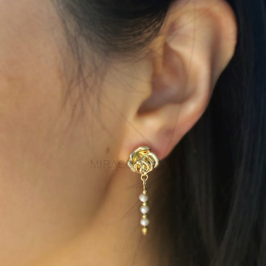 Coil Back Dangle Pearls Non Pierced Earrings, Freshwater Mini Pearls Gold Flower Earrings