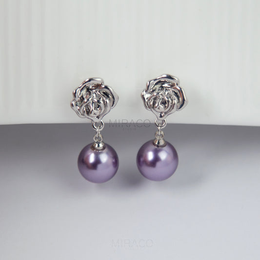 Coil Back Rose Dangle Pearls Non Pierced Earrings, Purple Pearl Silver Flower Earring