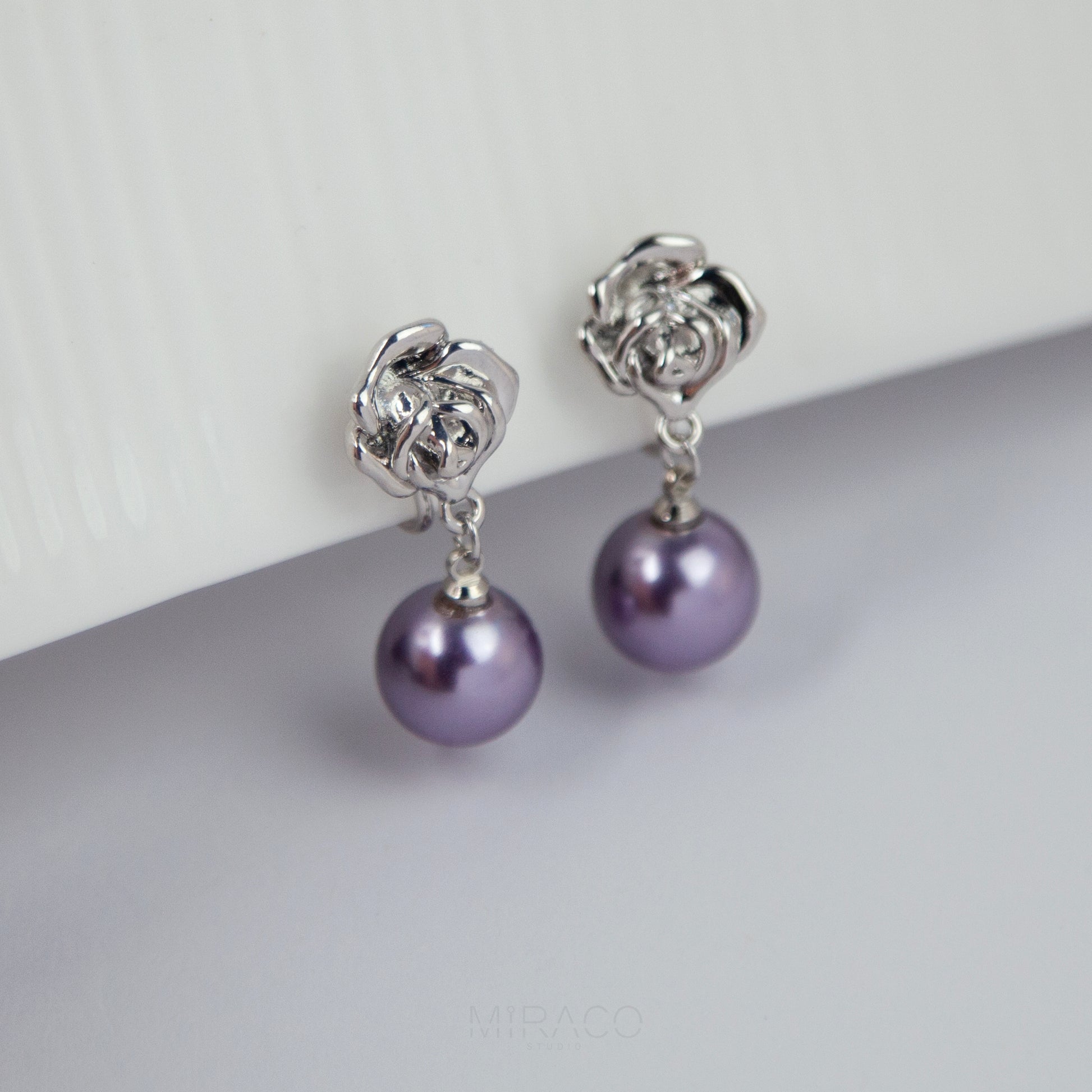 Coil Back Rose Dangle Pearls Non Pierced Earrings, Purple Pearl Silver Flower Earring