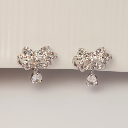 Crystal Bowknot Stud Drop Clip-On Earrings, Sparkling Clip On Earrings, Diamond Clip Ons for Non-Pierced Ears, Shimmering Butterfly Bow Stud