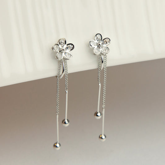 Crystal Flower Dangle Clip On Earrings, Silver Colour Flower Drop Earrings with Tassels, Dainty Flower Drop &amp; Dangle Earring, Non Pierced