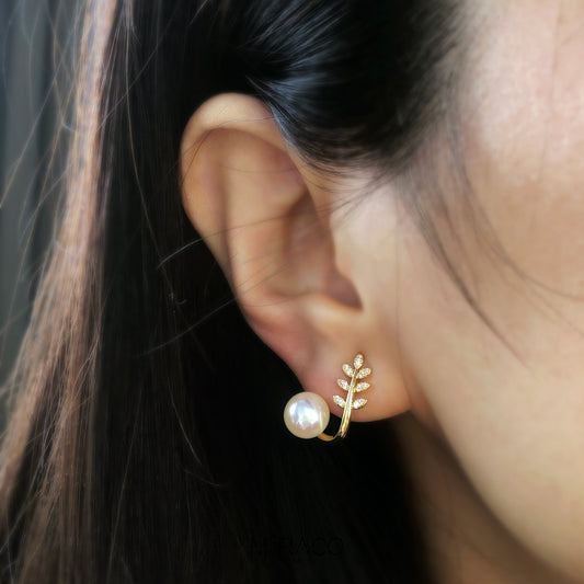 Crystal Leaf Stud Ear Wrap, Pearl Studs With Leaf Pave Diamond, None Pierced Ear Climber