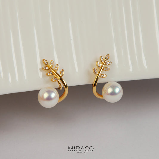 Crystal Leaf Stud Ear Wrap, Pearl Studs With Leaf Pave Diamond, None Pierced Ear Climber