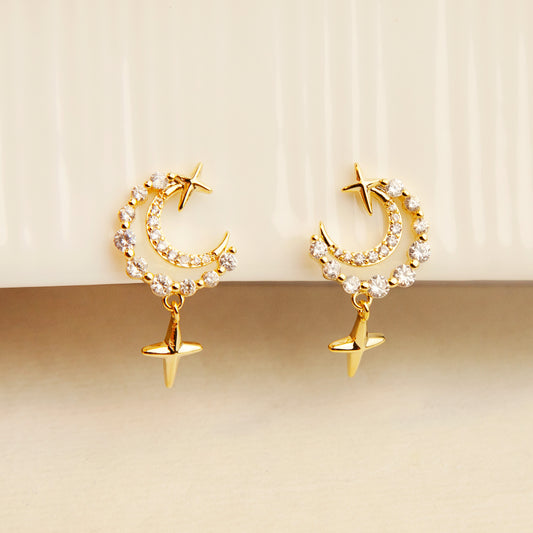 Crystal Moon Clip On Earrings, Gold Plated Star and Moon Diamond Clip On Earrings, Clip On Moon Studs, Non Pierced Dangle Star Earrings, Clip On Earrings for Unpierced Ears