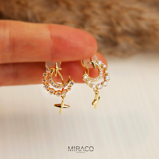 Crystal Moon Clip On Earrings, Gold Plated Star and Moon Diamond Clip On Earrings, Clip On Moon Studs, Non Pierced Dangle Star Earrings, Clip On Earrings for Unpierced Ears