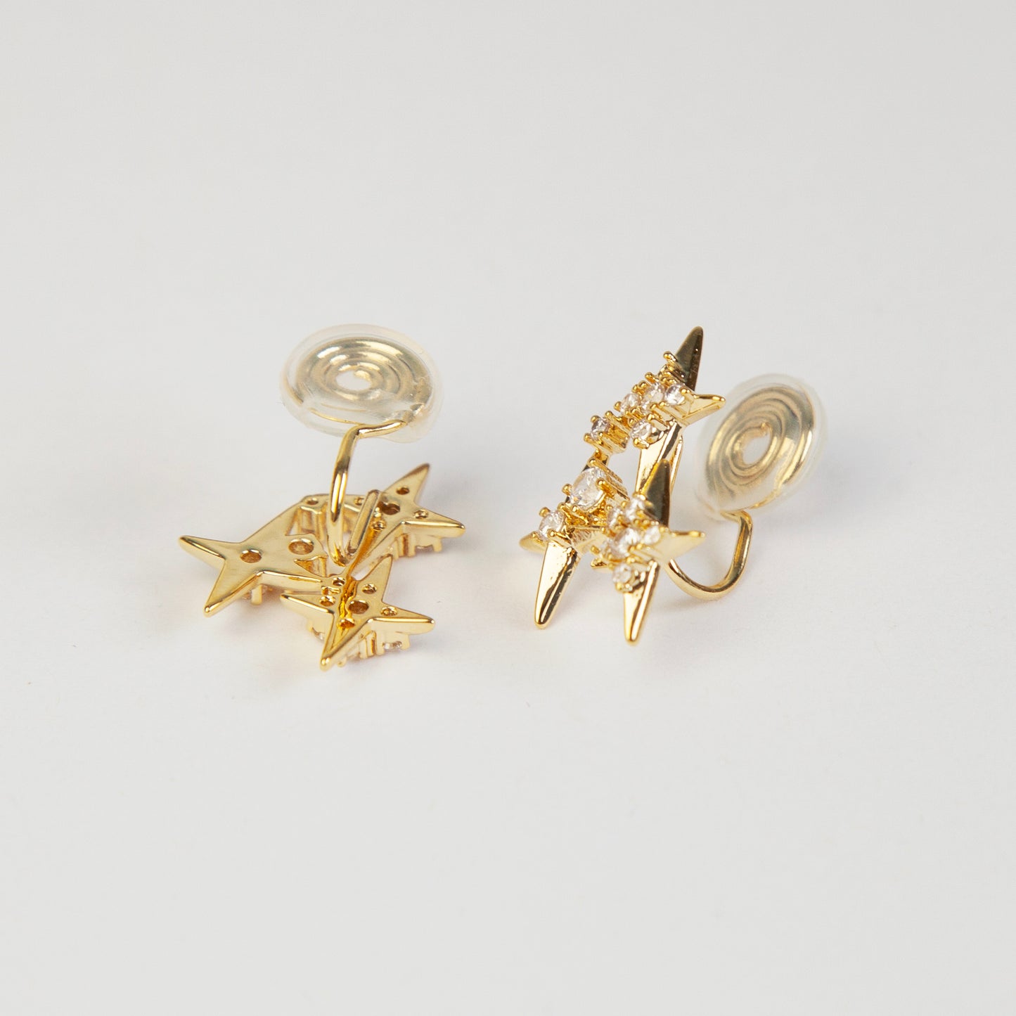 Crystal Star Stud Earrings, Gold Plated CZ Stud Earrings, Four Points Star Earrings, Gold Star Clip On Earrings, Non Pierced Earrings