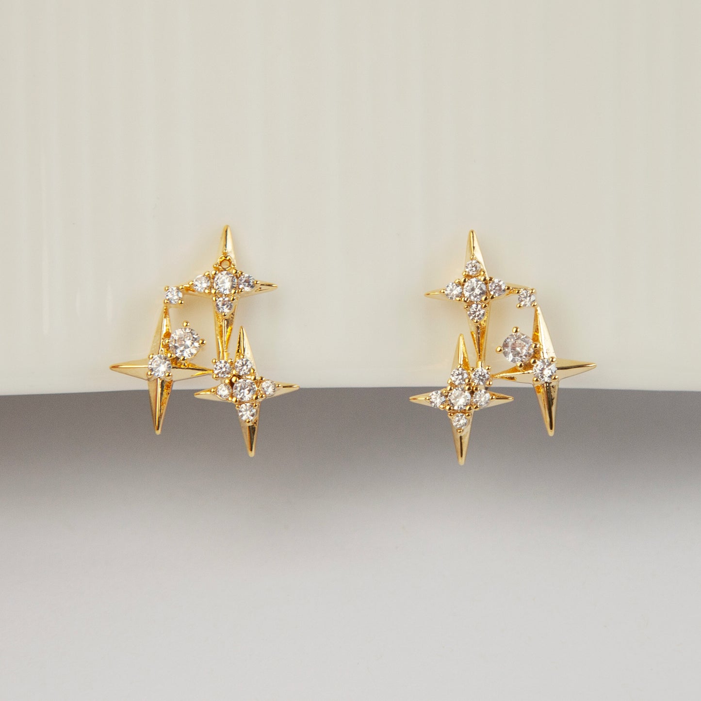 Crystal Star Stud Earrings, Gold Plated CZ Stud Earrings, Four Points Star Earrings, Gold Star Clip On Earrings, Non Pierced Earrings
