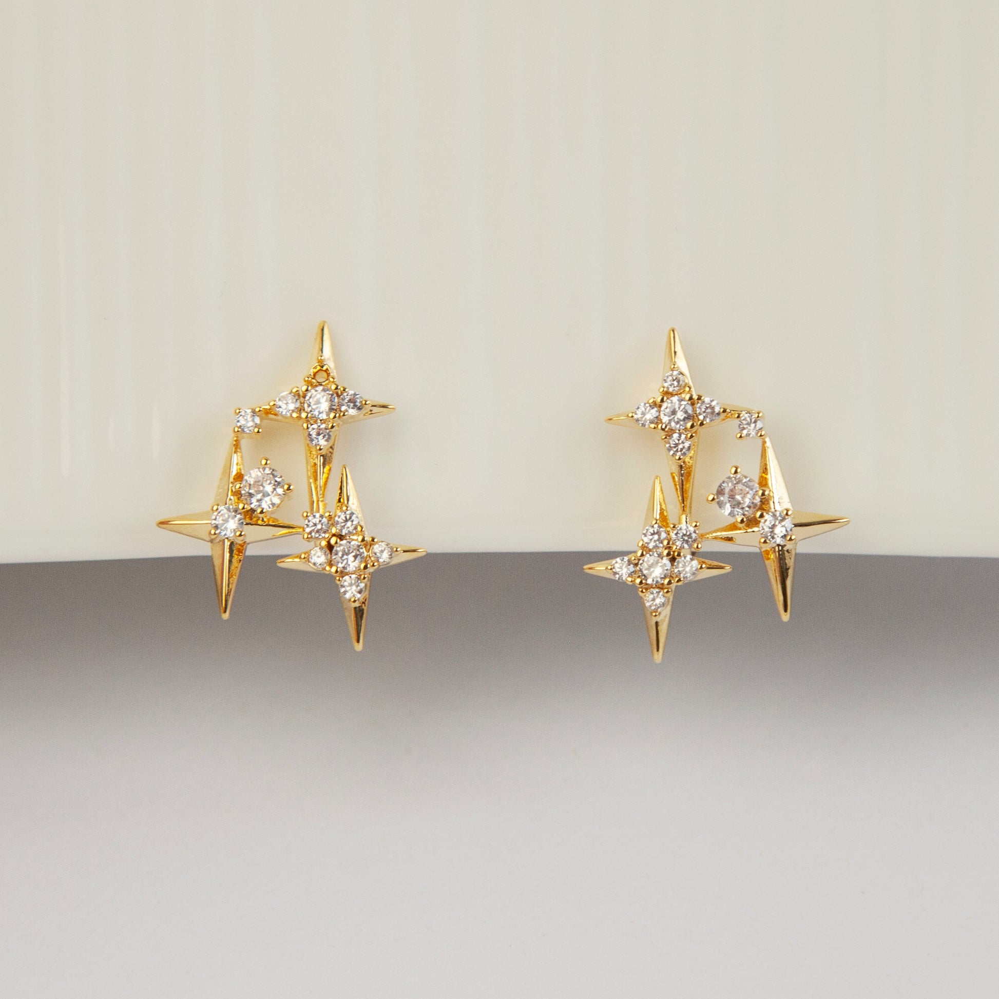 Crystal Star Stud Earrings, Gold Plated CZ Stud Earrings, Four Points Star Earrings, Gold Star Clip On Earrings, Non Pierced Earrings