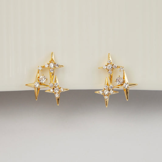 Crystal Star Stud Earrings, Gold Plated CZ Stud Earrings, Four Points Star Earrings, Gold Star Clip On Earrings, Non Pierced Earrings
