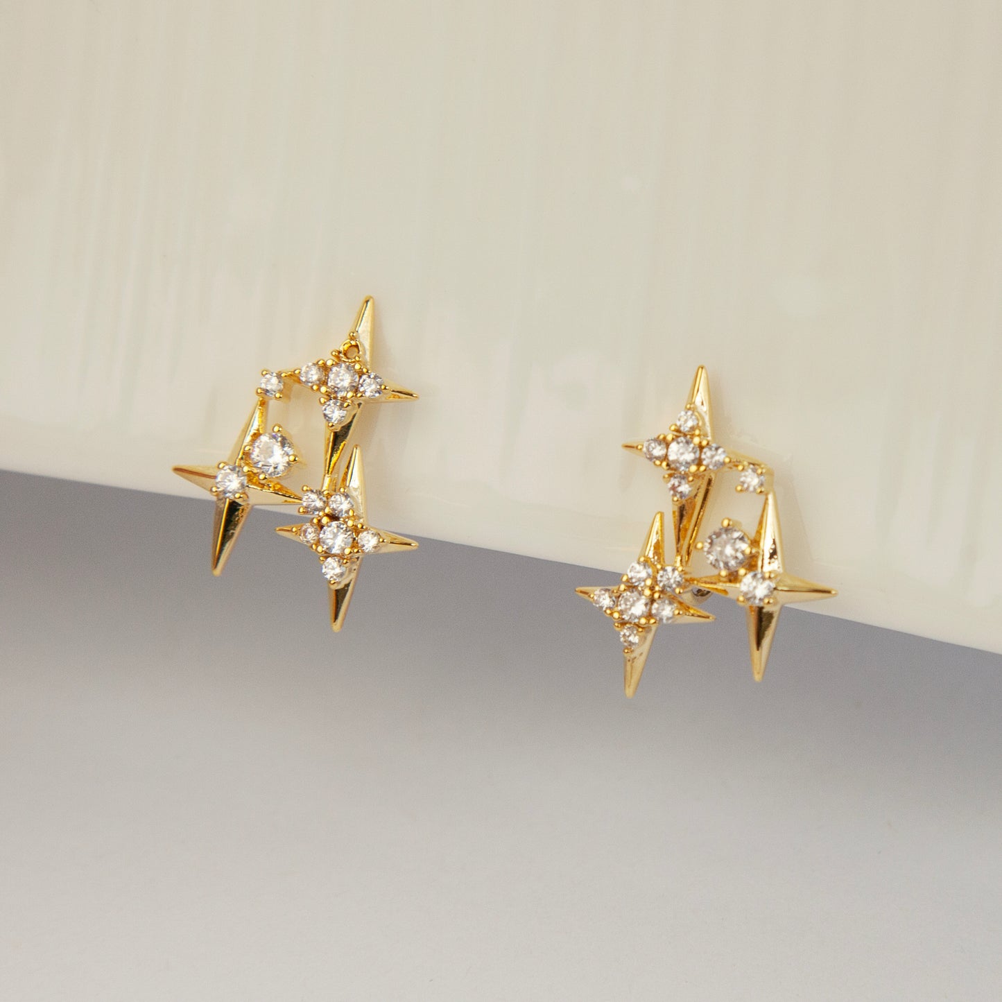 Crystal Star Stud Earrings, Gold Plated CZ Stud Earrings, Four Points Star Earrings, Gold Star Clip On Earrings, Non Pierced Earrings