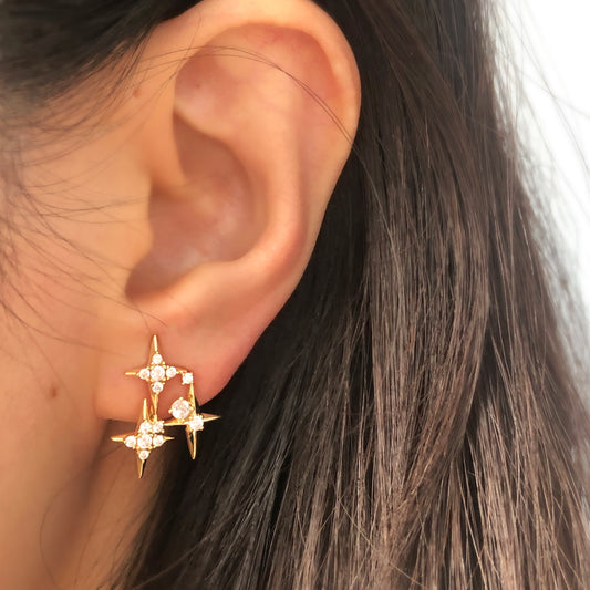 Crystal Star Stud Earrings, Gold Plated CZ Stud Earrings, Four Points Star Earrings, Gold Star Clip On Earrings, Non Pierced Earrings