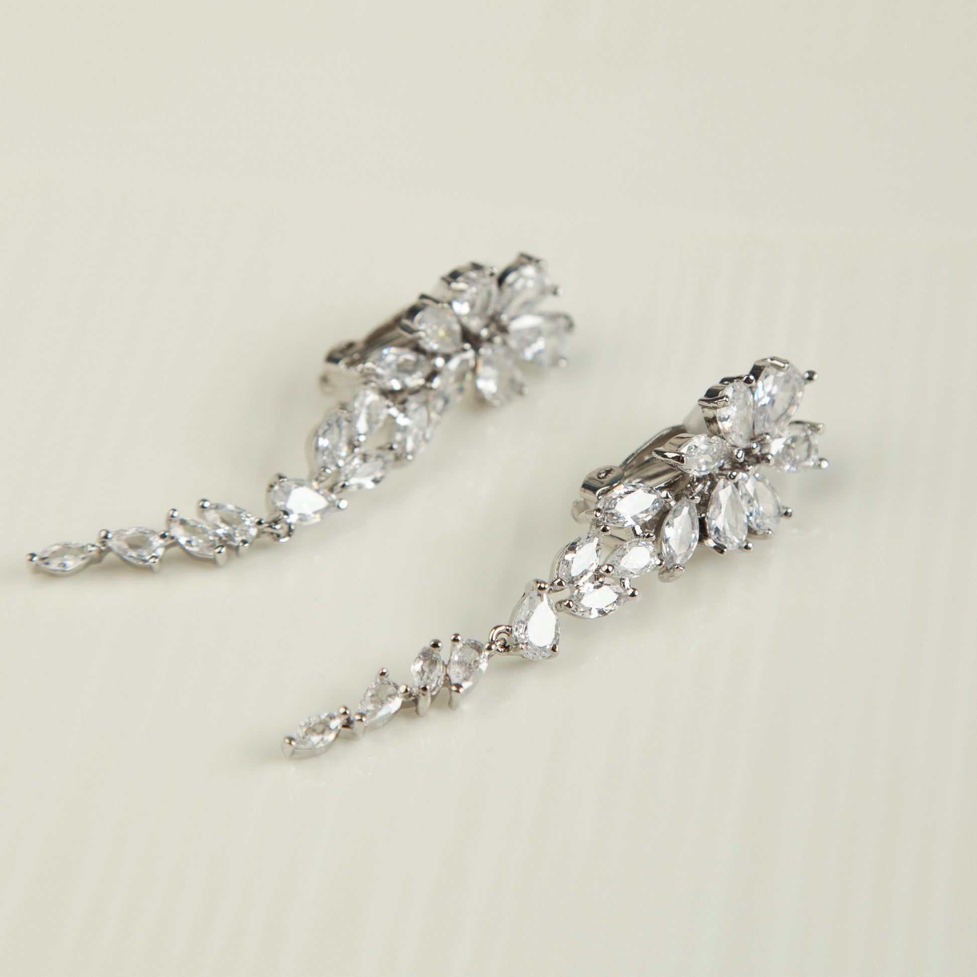 Crystal Statement Clip On Earrings, Chandelier Dangle Earrings, Clear Crystal Leaf Dangle and Drop Earrings, Paddle Back Clips Non-Pierced Wedding Earrings