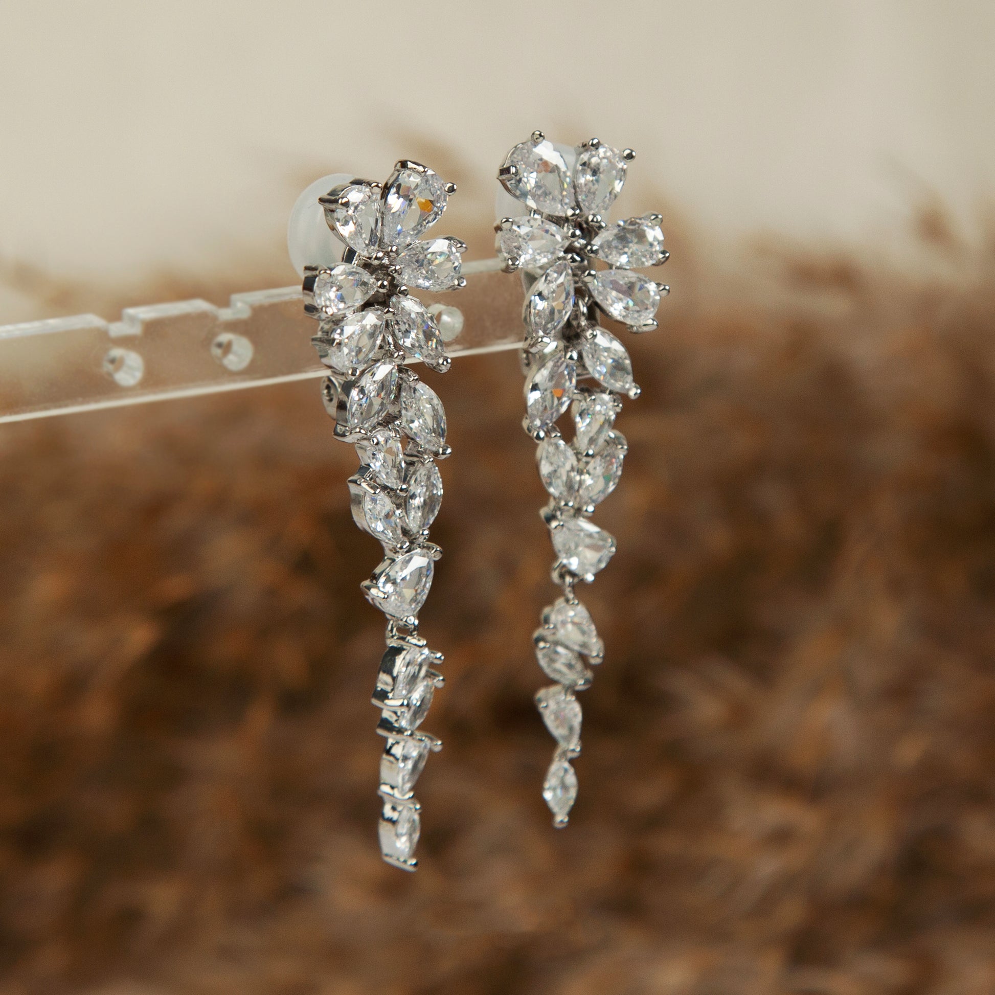 Crystal Statement Clip On Earrings, Chandelier Dangle Earrings, Clear Crystal Leaf Dangle and Drop Earrings, Paddle Back Clips Non-Pierced Wedding Earrings