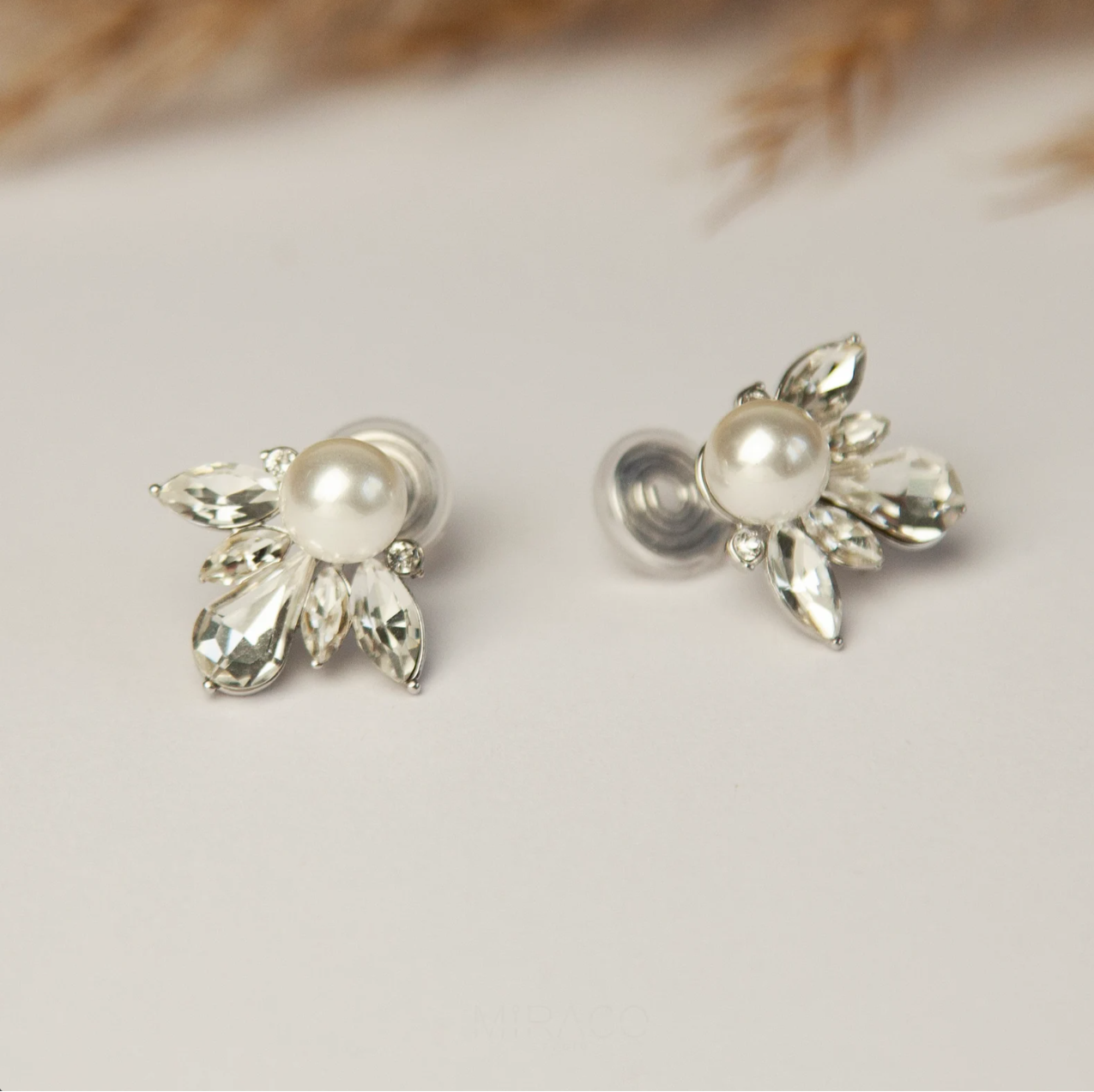 Coil Back Large Clip On Stud, Non Pierced Earrings, Clear Crystal White Pearls Studs, Diamond Pearl Stud Earring