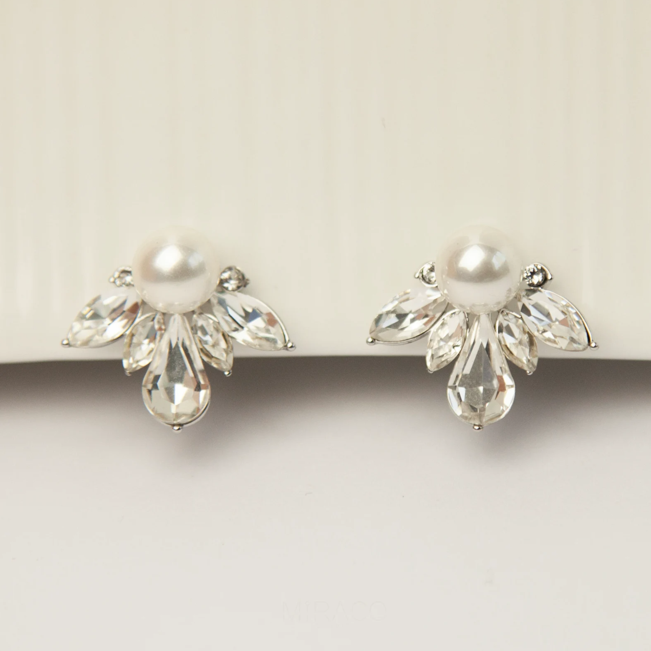 Coil Back Large Clip On Stud, Non Pierced Earrings, Clear Crystal White Pearls Studs, Diamond Pearl Stud Earring