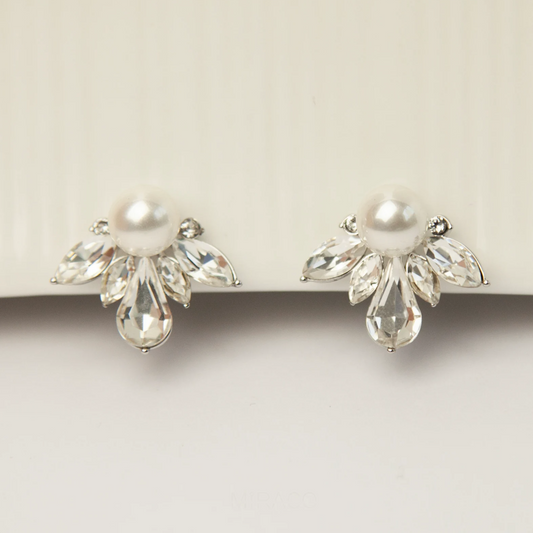 Coil Back Large Clip On Stud, Non Pierced Earrings, Clear Crystal White Pearls Studs, Diamond Pearl Stud Earring