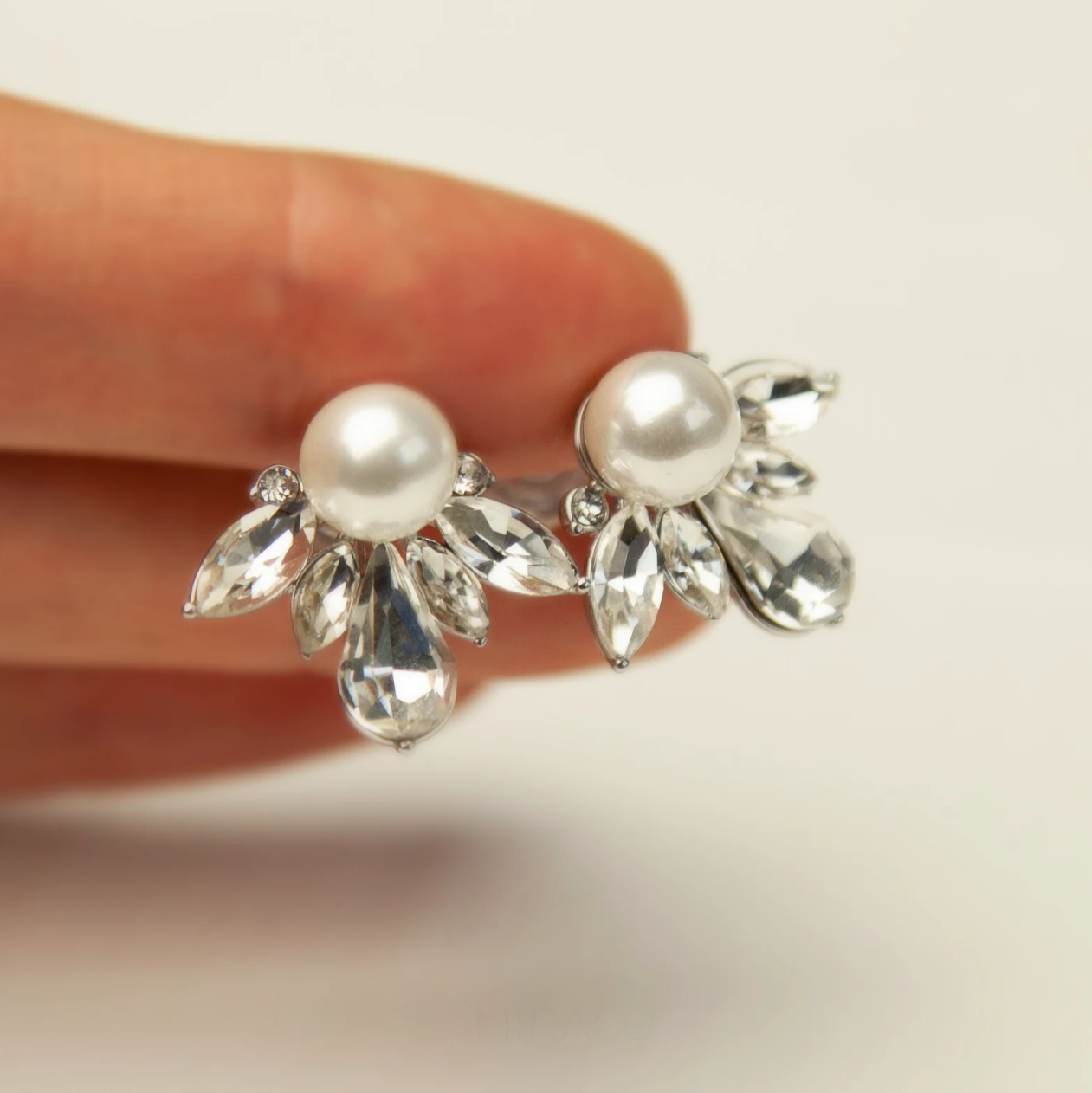 Coil Back Large Clip On Stud, Non Pierced Earrings, Clear Crystal White Pearls Studs, Diamond Pearl Stud Earring