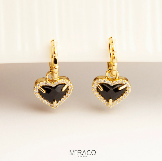 Dangle Heart Hoop Earrings, Retro Style Black Heart With Crystal Diamonds, Gold Huggie Drop Earrings