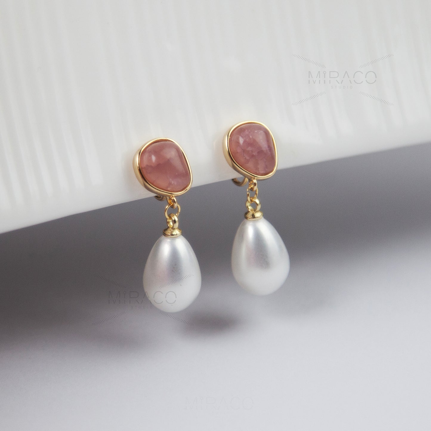 Dangle Pearls Clip On Earrings, Water Drop Pearls Dangle Earrings Pink Stone Non Pierced Earrings