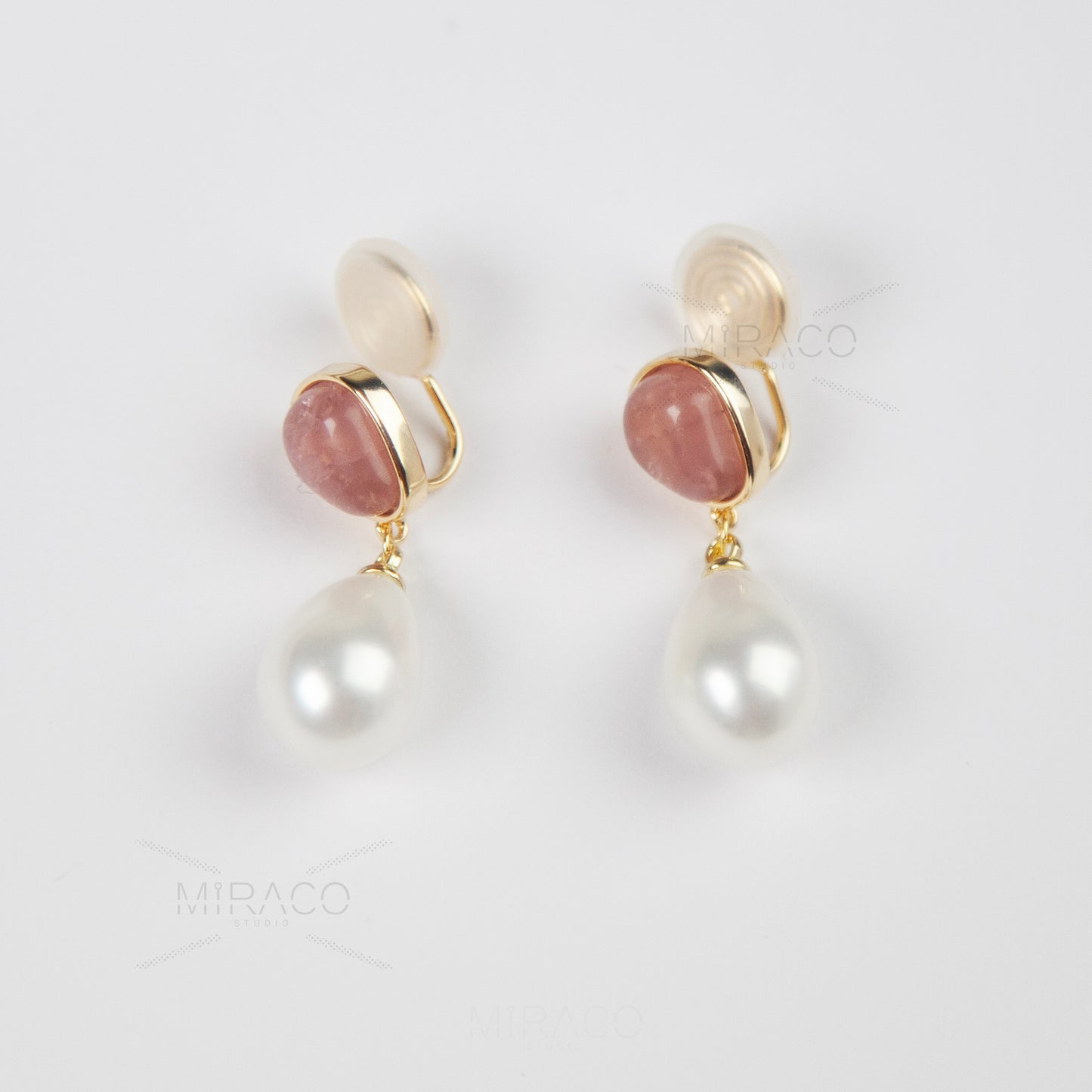 Dangle Pearls Clip On Earrings, Water Drop Pearls Dangle Earrings Pink Stone Non Pierced Earrings