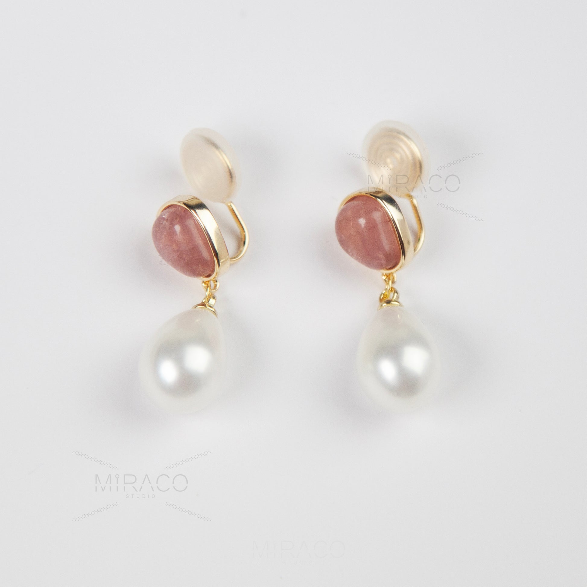 Dangle Pearls Clip On Earrings, Water Drop Pearls Dangle Earrings Pink Stone Non Pierced Earrings