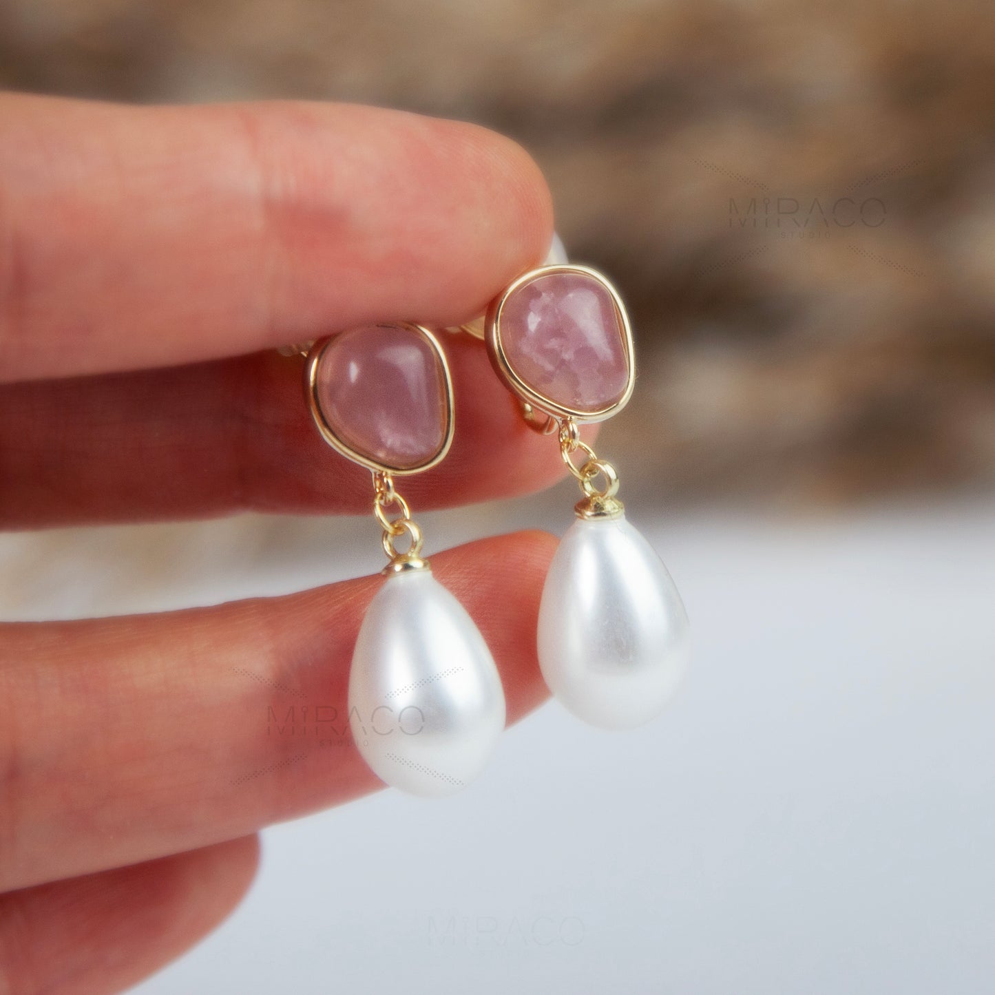 Dangle Pearls Clip On Earrings, Water Drop Pearls Dangle Earrings Pink Stone Non Pierced Earrings